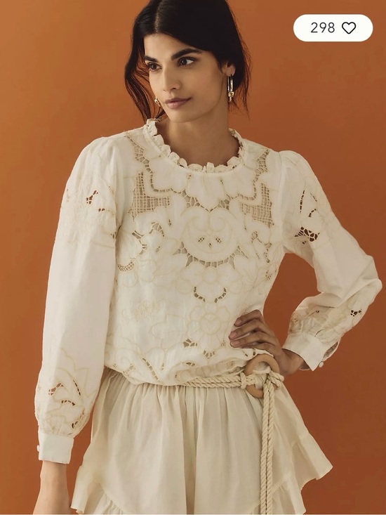 Anthropologie Tops - Anthropologie Lainie High Neck Ivory Lace Cutwork Long-Sleeve Blouse